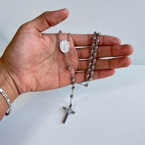 Y2K 2000s chrome silver rosary bead necklace
